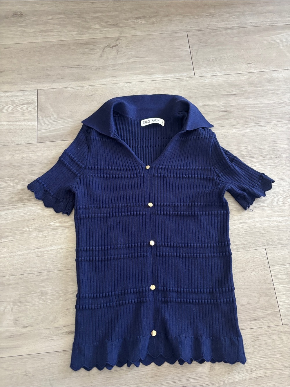 Grace Karin Navy Short-Sleeve Ribbed Button Cardigan SIZE M